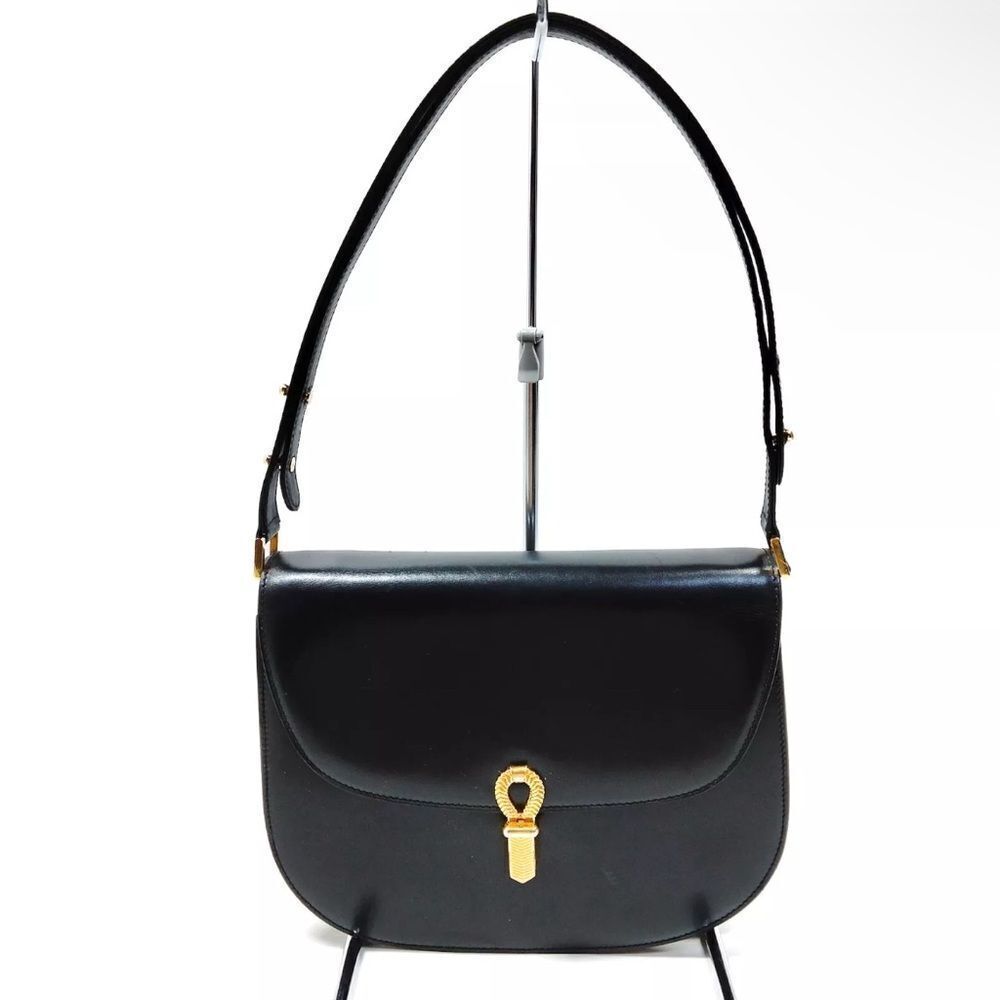 Auth Bally Vtg Polished Black Leather Small Saddle Shoulder Bag